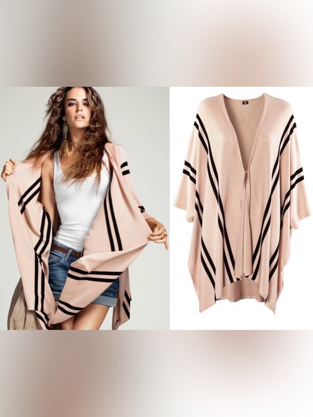 H&M Beige Open-Front Cape with Black Stripes